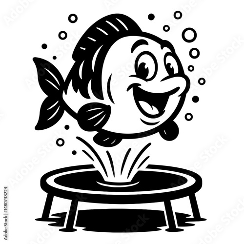 Monochrome vector illustration of a fish bouncing on a trampoline, ideal for themes of fun, animals, or playful design.