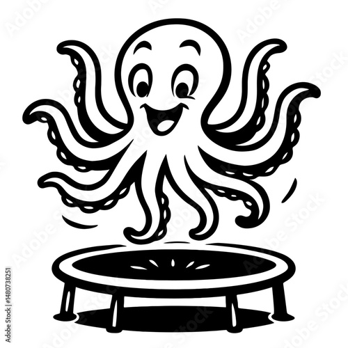 Monochrome vector illustration of an octopus bouncing on a trampoline, ideal for themes of fun, sea life, or playful design.