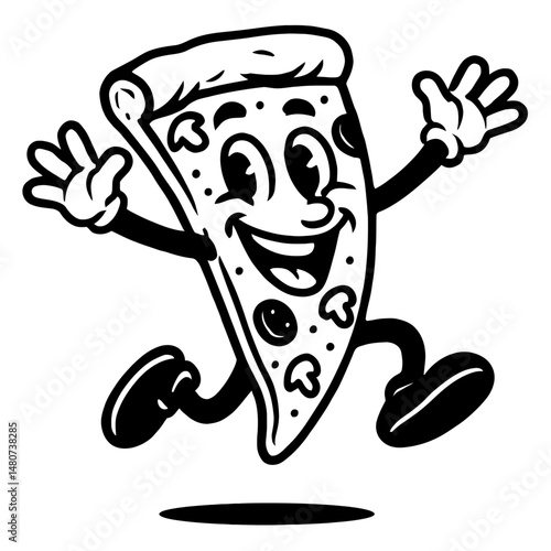 Monochrome vector illustration of a bouncing pizza slice character, ideal for themes of food, parties, or playful design.