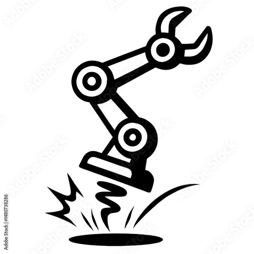 Monochrome vector illustration of a bouncing robotic arm, ideal for themes of robotics, automation, or technology.