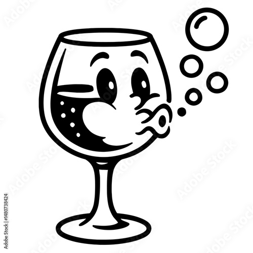 Monochrome vector illustration of a bubbly wine glass character, ideal for themes of celebration, parties, or the wine industry.