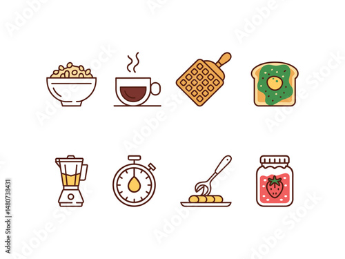 Simple and colorful breakfast food icons depicting waffles coffee toast and more