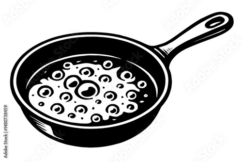 Monochrome vector illustration of bubbling oil in a frying pan, ideal for themes of cooking, food preparation, or culinary arts.