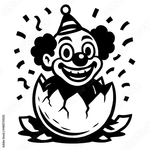 Whimsical Clownish Creature Hatching from an Egg - Black and White Illustration for Fun or Fantasy Concepts