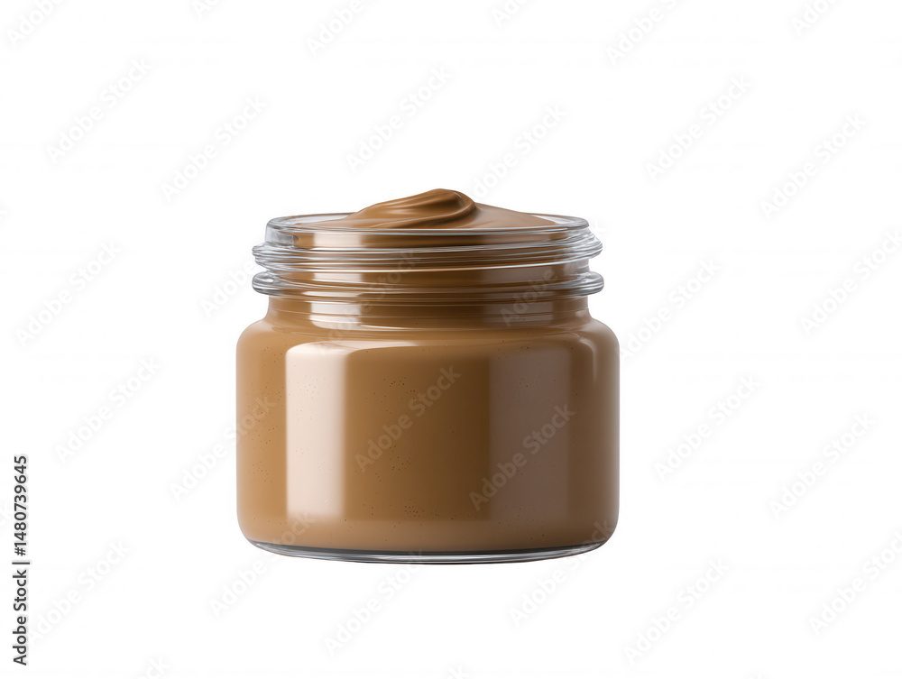An open glass jar filled with smooth, creamy caramel sauce, sits centered against a clean white background, its contents glistening under the light. An open glass jar filled with smooth, creamy caramel sauce, sits centered against a clean white background, its contents glistening under the light.
