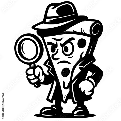 Funny Black and White Pizza Detective Clipart Vector - Playful Cartoon Illustration of a Slice of Pizza as a Mystery Solver, Ideal for Food, Humor, and Creative Designs