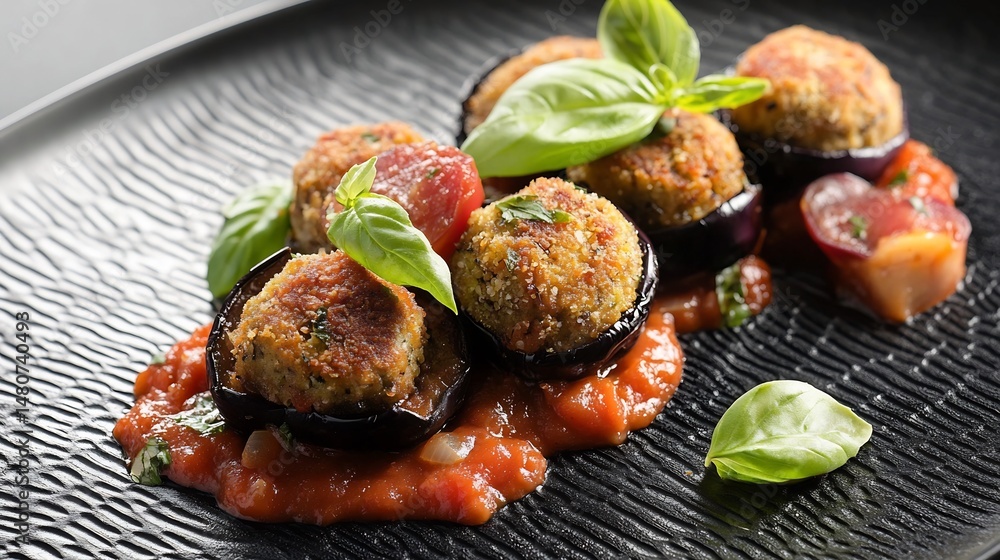 Regular view of Polpette di Melanzane crispy eggplant meatball served marinara sauce basil presented black textured plate Italian vegetarian dish southern Italy cut out isolated transparent background Regular view of Polpette di Melanzane crispy eggplant meatball served marinara sauce basil presented black textured plate Italian vegetarian dish southern Italy cut out isolated transparent background