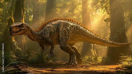 A dinosaur walking through a forest filled with trees