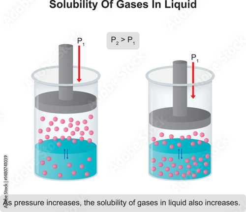 Henry's law. Sulubility of gases in liquid. As pressure increases, the solubility of gases also increases. Science illustration.