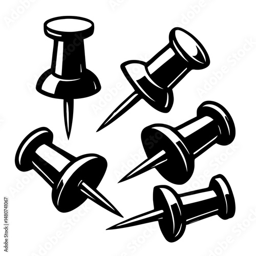 Collection of Black and White Push Pins Vector Clipart - Shiny Thumbtack Illustrations for Office Supplies, Bulletin Boards, School Projects, and Creative Design Elements