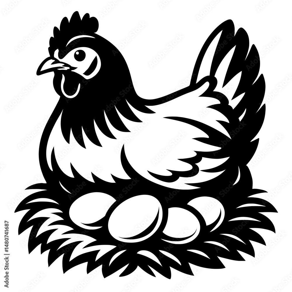 Obraz premium Monochrome vector illustration of a hen sitting on a nest, ideal for themes of farm animals, poultry, or motherhood.