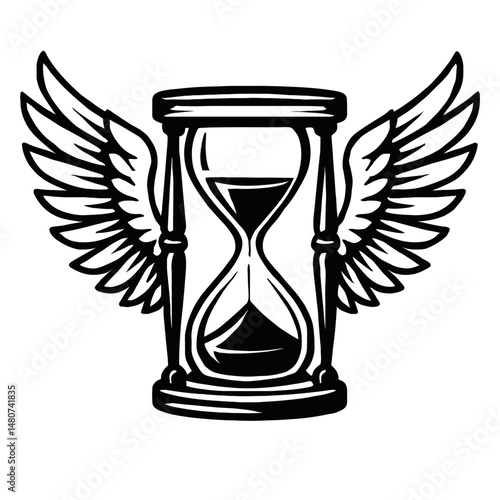 Monochrome vector illustration of an hourglass with wings, symbolizing the passage of time, freedom, or fleeting moments.