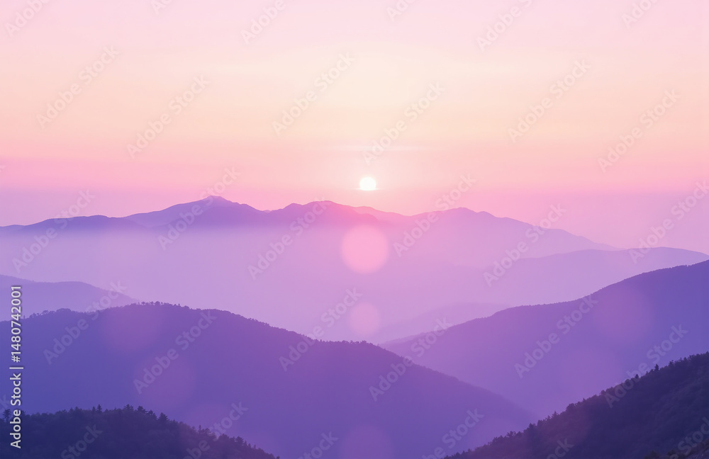 Obraz premium Rolling pastel mountains at sunrise with mist and soft lighting.