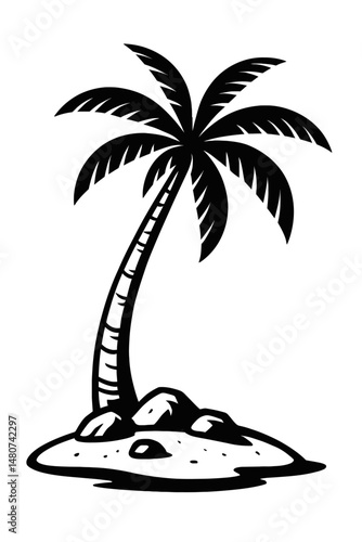 Monochrome vector illustration of a leaning palm tree on a small, isolated island, ideal for themes of tropical destinations, solitude, or relaxation.