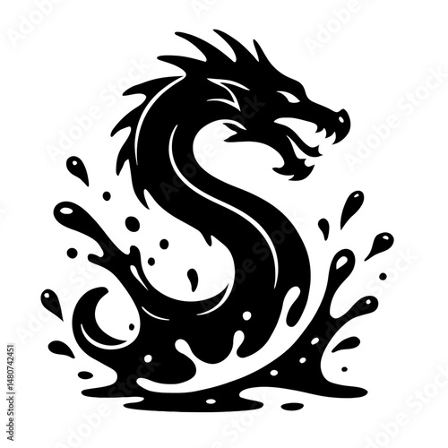 Bold monochrome vector silhouette of a dynamic liquid dragon, conveying fluidity, power, and mystical energy, ideal for fantasy or abstract themes.