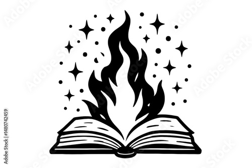 Monochrome vector silhouette of a magic book that appears to be open and burning, ideal for themes of fantasy, magic, or knowledge.