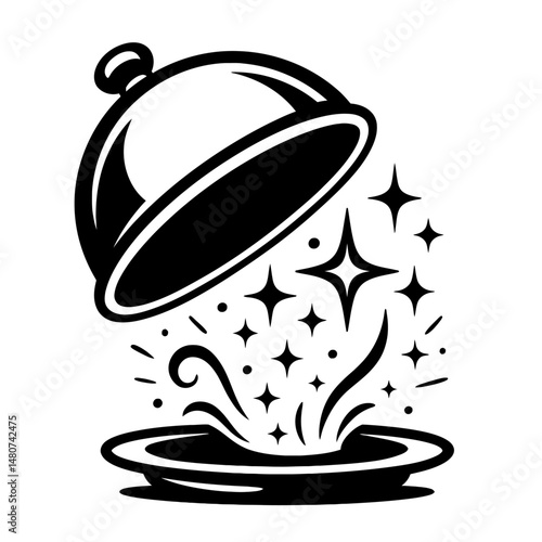 Monochrome vector illustration of magical secrets being unveiled under a cloche, ideal for themes of mystery, revelation, or magic.