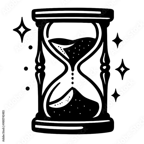 Monochrome vector illustration of an hourglass with sparkling stars, symbolizing time, passing, or magic.