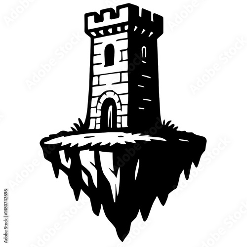 Monochrome vector illustration of a medieval tower situated on a floating island, ideal for fantasy, adventure, or architectural themes.