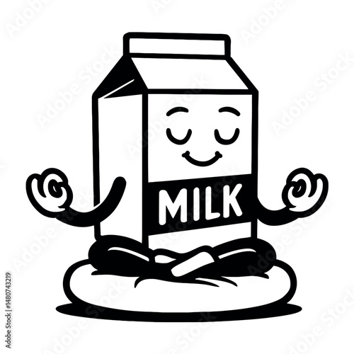 Monochrome vector illustration of a milk carton character striking a yoga pose, symbolizing health, wellness, and mindful living in a fun way.