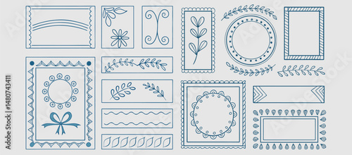 Set of Merry Christmas whimsical hand-drawn blue orange green color frames with wavy squiggle curly ribbons in trendy, vintage styles. Perfect for quirky holiday, Christmas invitation, greeting card.