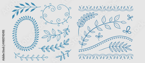 Set of Merry Christmas whimsical hand-drawn blue orange green color frames with wavy squiggle curly ribbons in trendy, vintage styles. Perfect for quirky holiday, Christmas invitation, greeting card.