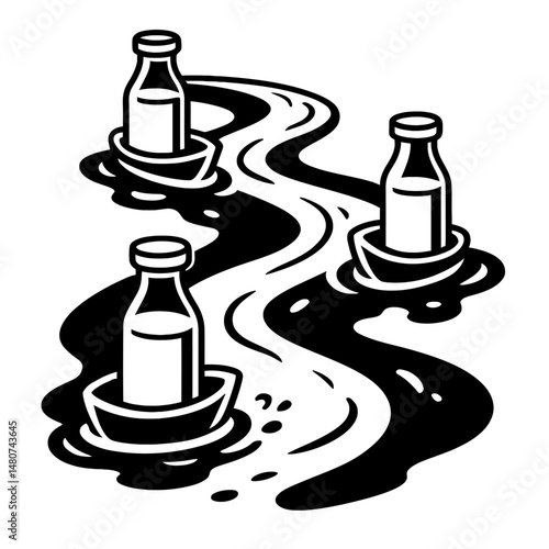 Monochrome vector illustration of bottles floating in a river, symbolizing environmental concerns, journey, or message in a bottle. Clean, minimalist graphic.