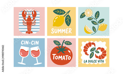 Modern vector food-themed postcards inspired by Mediterranean summer vibes are easily scalable and editable.