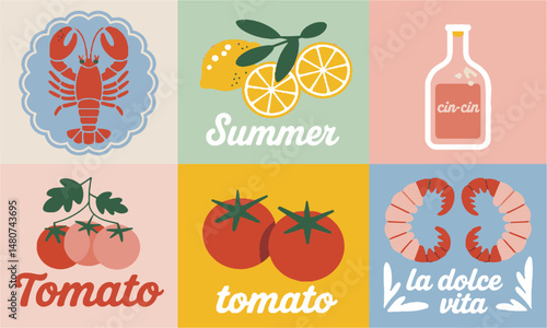 Modern vector food-themed postcards inspired by Mediterranean summer vibes are easily scalable and editable.