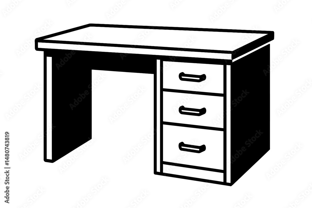 Monochrome vector outline illustration of a classic office desk with drawers, perfect for business, workspace, and education themes. Clean, minimalist design for various digital and print uses. Monochrome vector outline illustration of a classic office desk with drawers, perfect for business, workspace, and education themes. Clean, minimalist design for various digital and print uses.