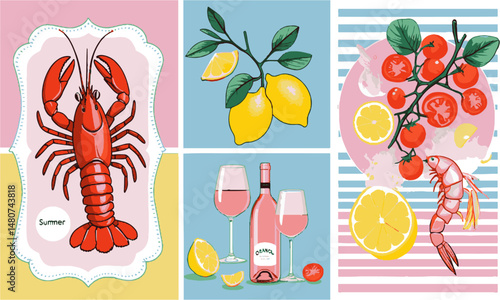 Modern vector food-themed postcards inspired by Mediterranean summer vibes are easily scalable and editable.