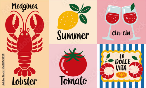 Modern vector food-themed postcards inspired by Mediterranean summer vibes are easily scalable and editable.