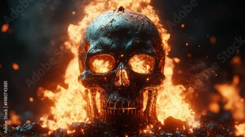 Fiery skull, engulfed in flames, set against a dark backdrop.  The skull is metal, and the flames are vibrant.  Ash and sparks surround the skull