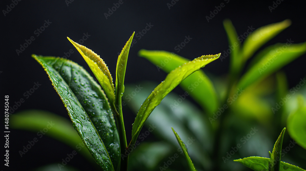 A close up shot of vibrant green tea leaves glistening with water droplets against a dark background A close up shot of vibrant green tea leaves glistening with water droplets against a dark background