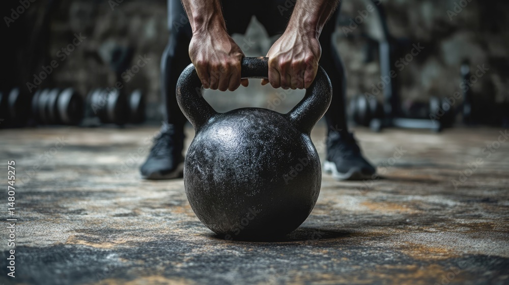 Fototapeta premium Close-up of Fitness Athlete Holding Heavy Kettlebell in Gym