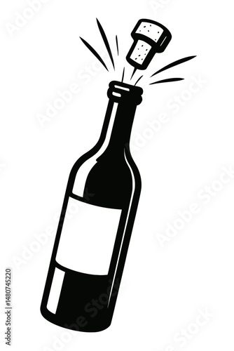 Celebratory Pop: A Stylized Illustration Of A Wine Bottle With A Popping Cork, Symbolizing Festivities, Toasts, Special Occasions, Or Sparkling Beverages