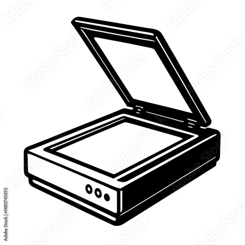 Digital Capture: An Illustration Of An Open Flatbed Scanner, Representing Document Digitization, Office Technology, Imaging Devices, Or Converting Physical To Digital
