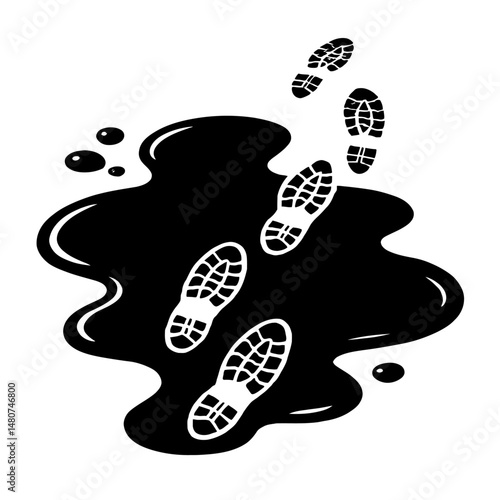 Black and White Illustration of Footprints in a Puddle - Graphic Element for Abstract, Mess, or Design Themes