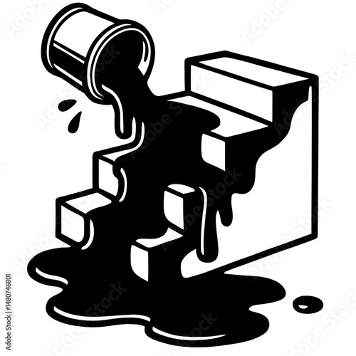 Black and White Illustration of Spilled Liquid on Steps - Graphic Element for Abstract, Art, or Design Themes