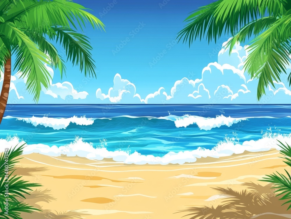 Obraz premium Tropical beach paradise with palm trees, blue waters, and golden sand.