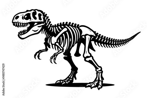 Black and White Illustration of a T-Rex Skeleton - Graphic Element for Science, History, or Design Themes