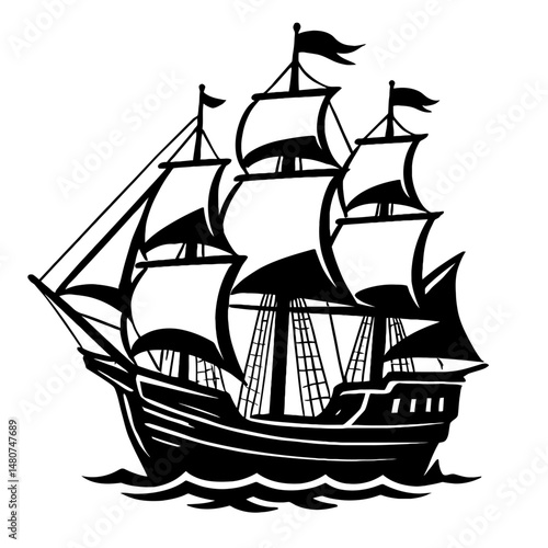 Beyond The Horizon: An Illustration Featuring a Sailing Ship, Representing Adventure, Exploration, Discovery, Or The Iconic Symbol Of Sea Travel And Journeys To Distant Lands