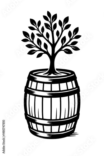 Growth In Confinement: An Illustration Featuring a Tree Growing From a Barrel, Representing Organic Processes, Aging (of Drinks), Industrial Methods, Or The Idea Of Life And Development Happening With