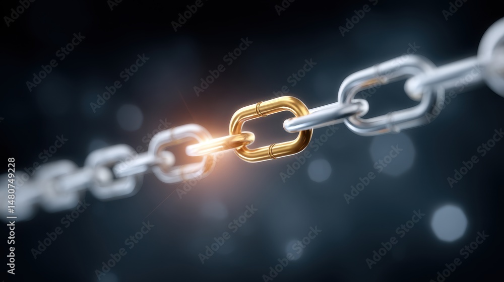 Fototapeta premium Glowing Gold Link in Silver Chain on Dark Background
