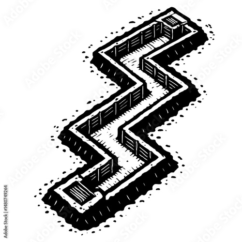 Black and White Illustration of a Zig-Zag Trench - Graphic Element for History, War, or Design Themes