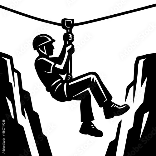 Black and White Illustration of a Person Zip Lining Between Cliffs - Graphic Element for Adventure, Recreation, or Design Themes