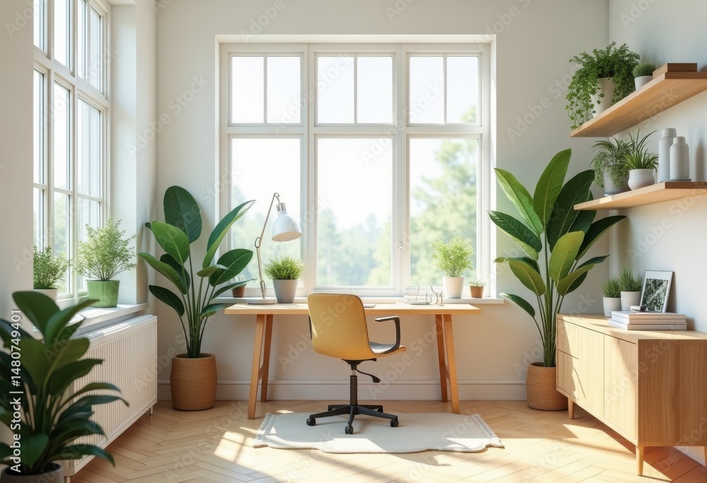 Fototapeta premium serene minimalist workspace design calm productivity green plants natural light furniture, desk, chair, interior, greenery, modern, functional, creative