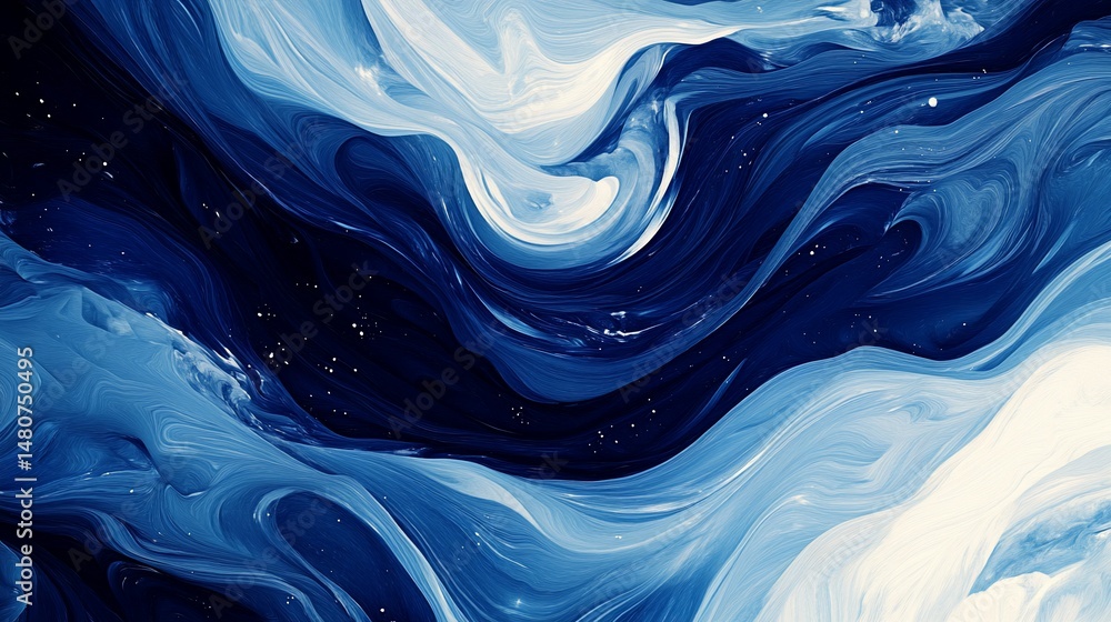 Abstract fluid acrylic painting, blue and white