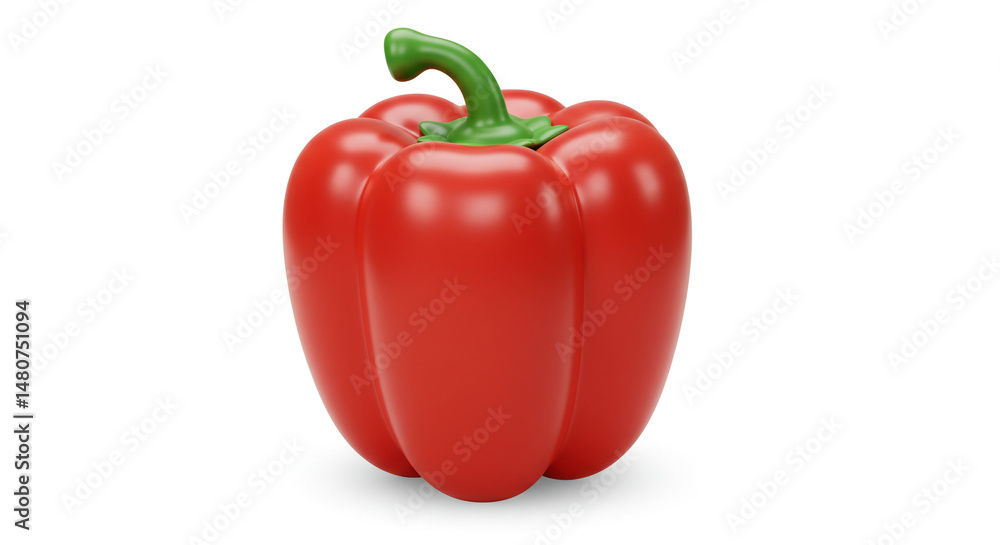 Isolated shiny red bell pepper with a green stem on a white background in a studio setting for food photography Isolated shiny red bell pepper with a green stem on a white background in a studio setting for food photography