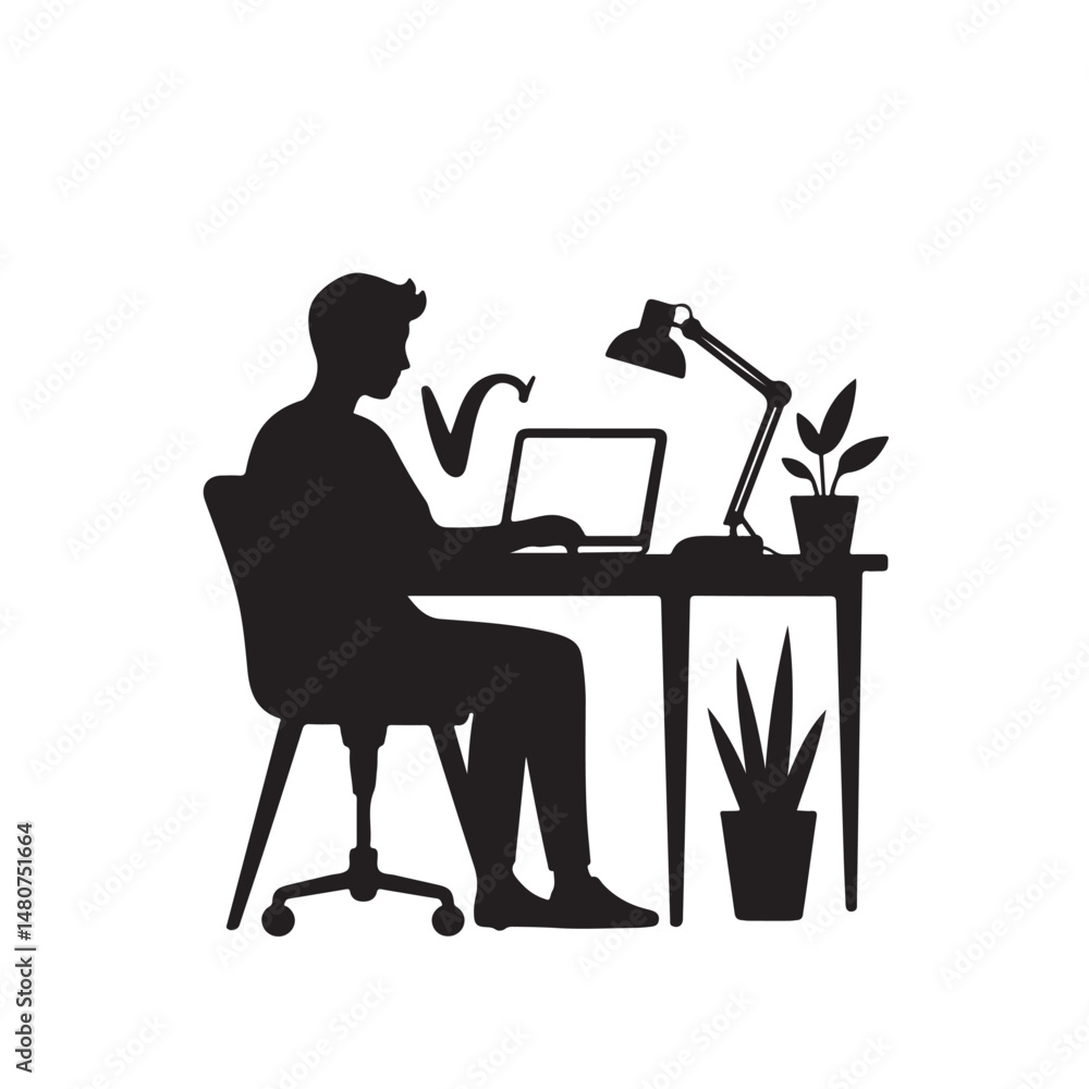 Fototapeta premium Remote Work Icon Vector – Black Silhouette of Home Office Desk with Laptop and Plant